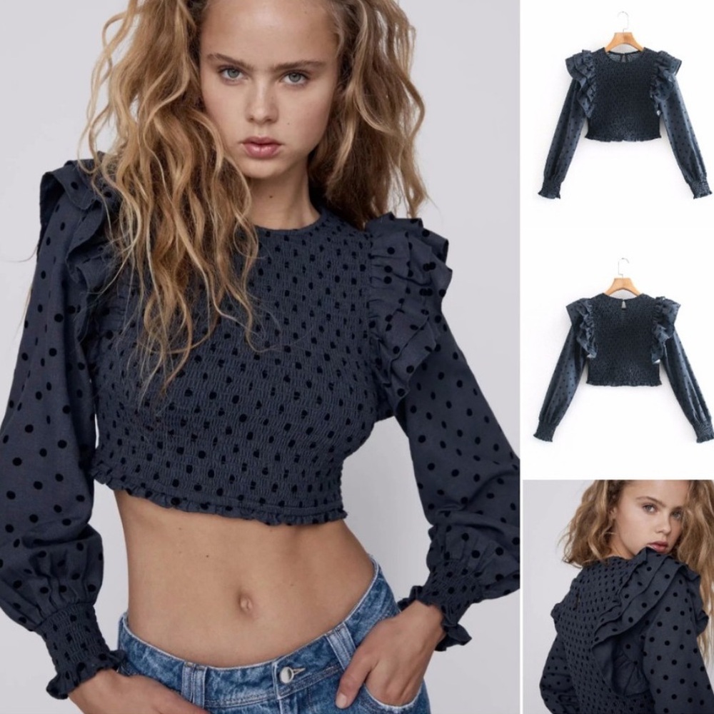 Blue Ruffled Crop Blouse - Picture 5 of 5